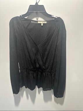 june & hudson Black Long-Sleeve Wrap Peplum Blouse
